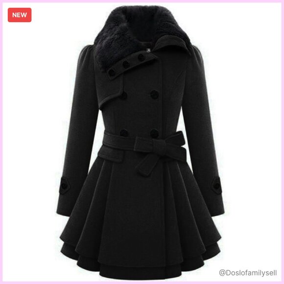Faux Fur Lapel Wool Trench Coat Double-Breasted Winter Warm Elegant Chic